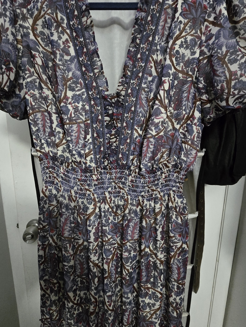 Max Studio Printed V-Neck Smocked Waist Maxi Dress - Purple, Brown, Cream
